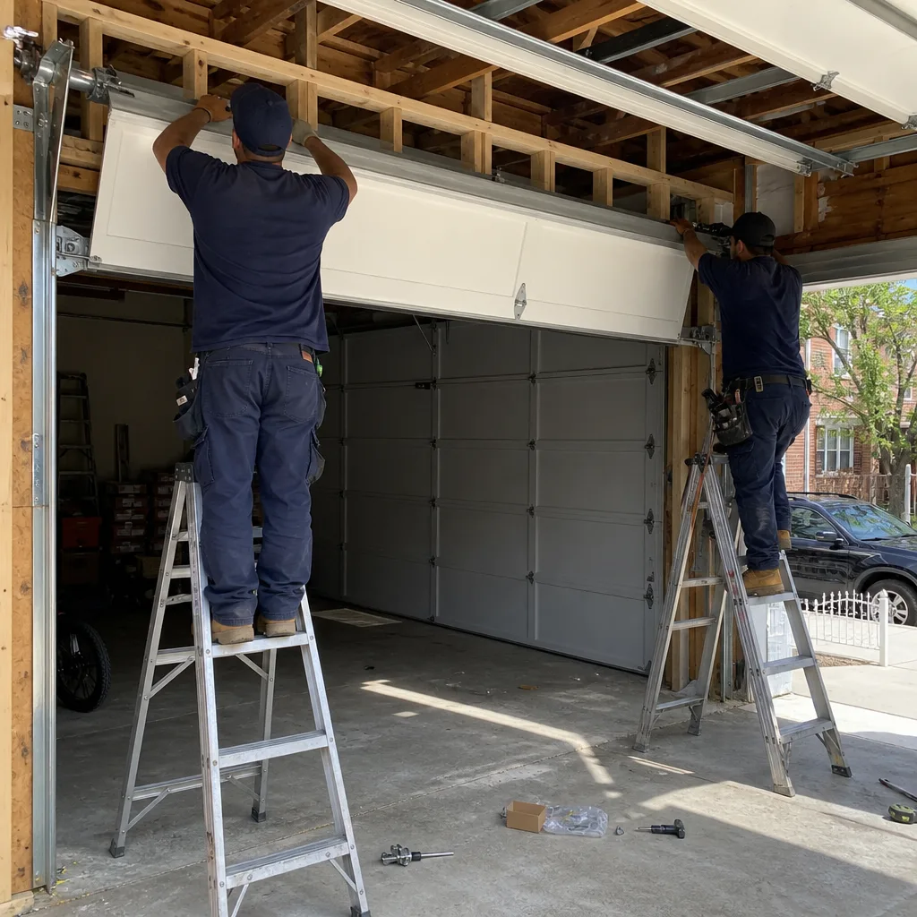 Two professional technicians installing a residential garage door panel on ladders
