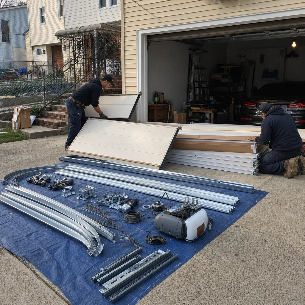 Two technicians organizing garage door panels and tracks for professional installation.