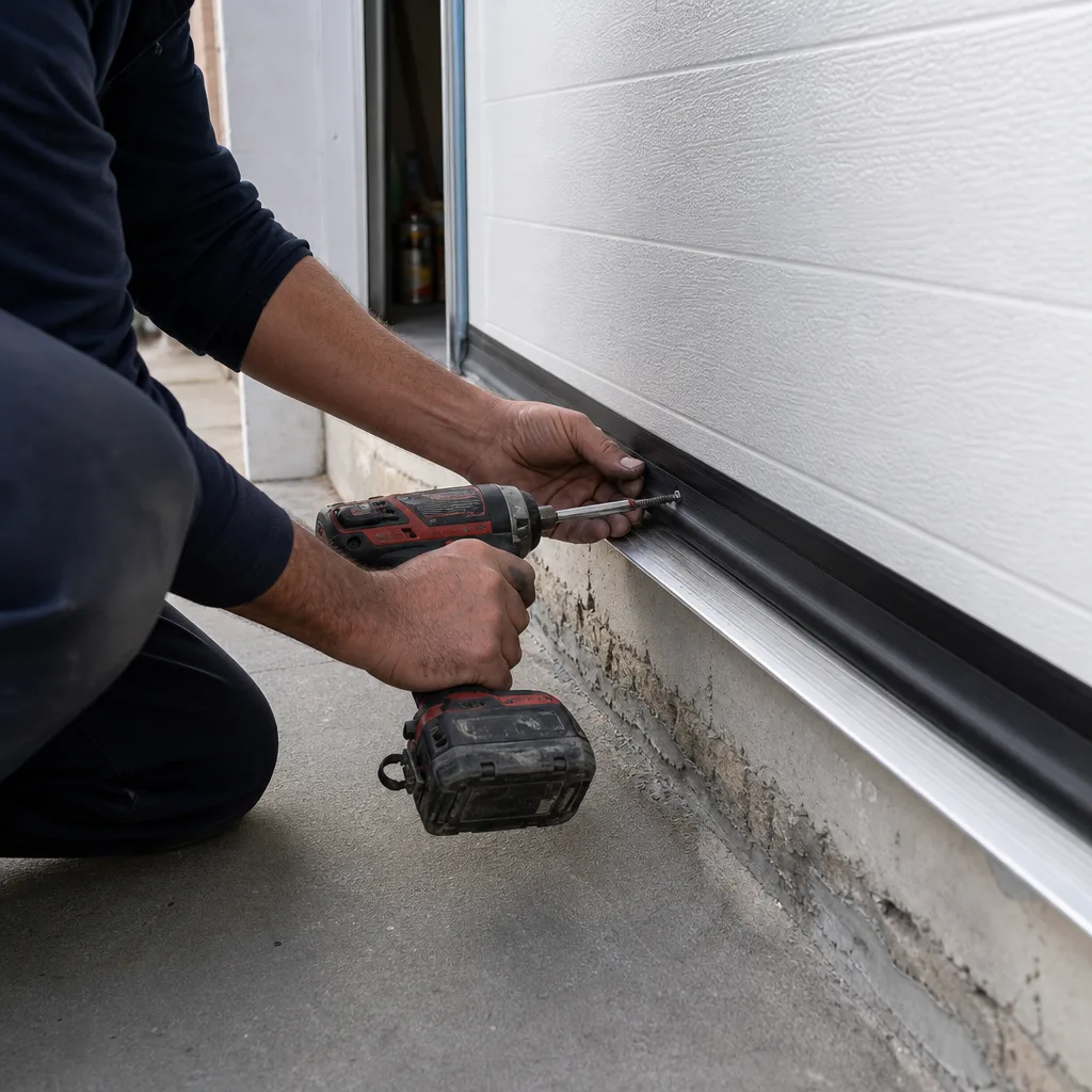 Technician using a drill to install garage door bottom weather stripping
