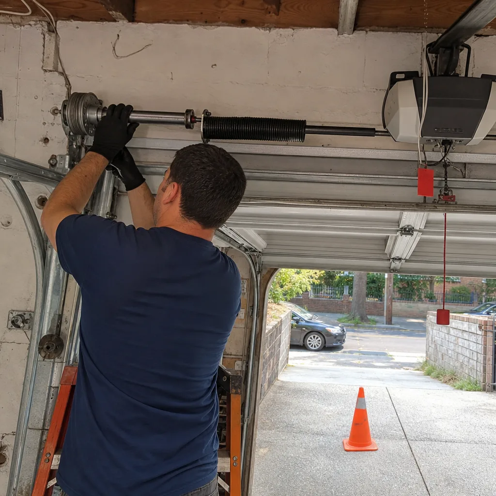 Technician performing professional garage door spring repair