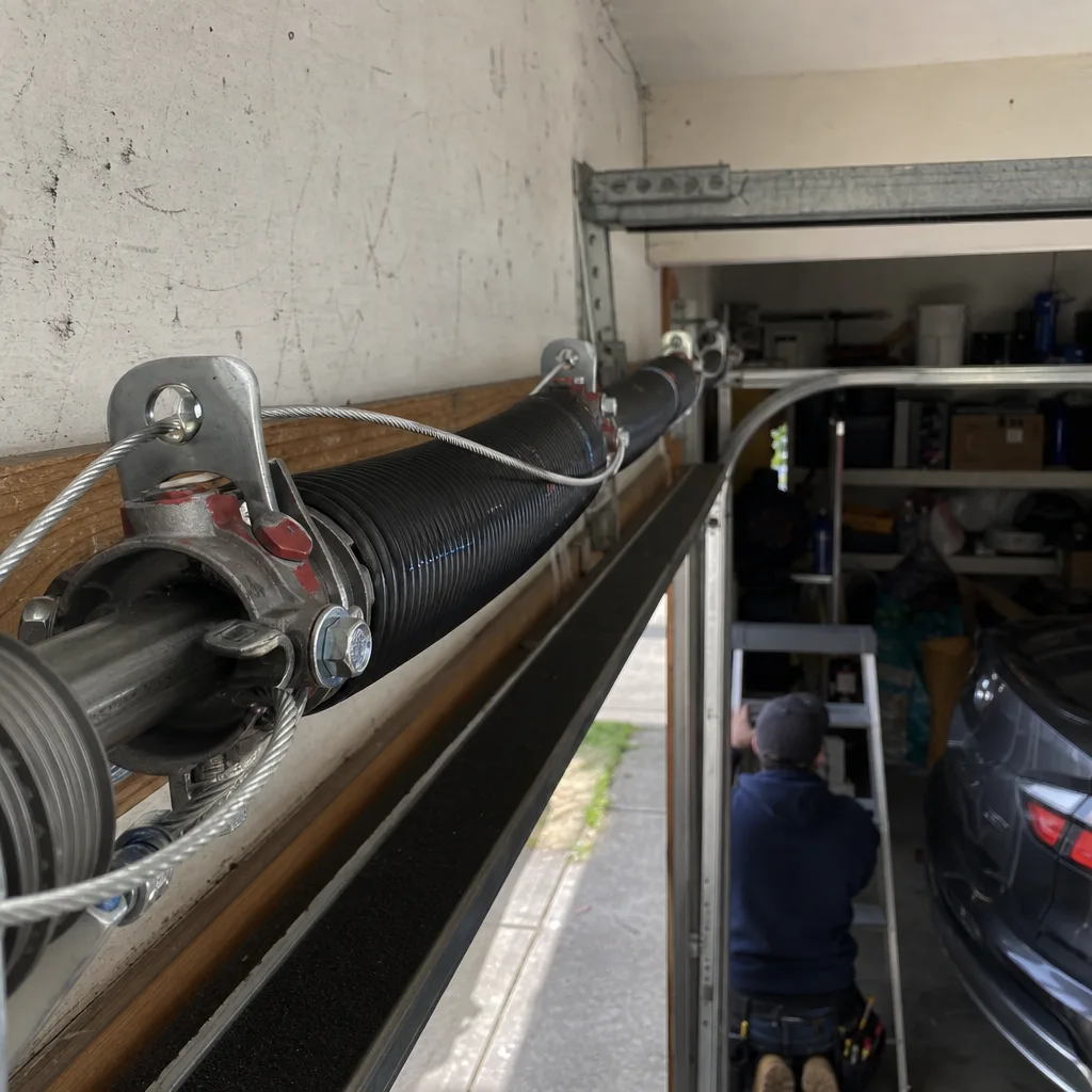 Technician performing professional garage door spring repair and maintenance