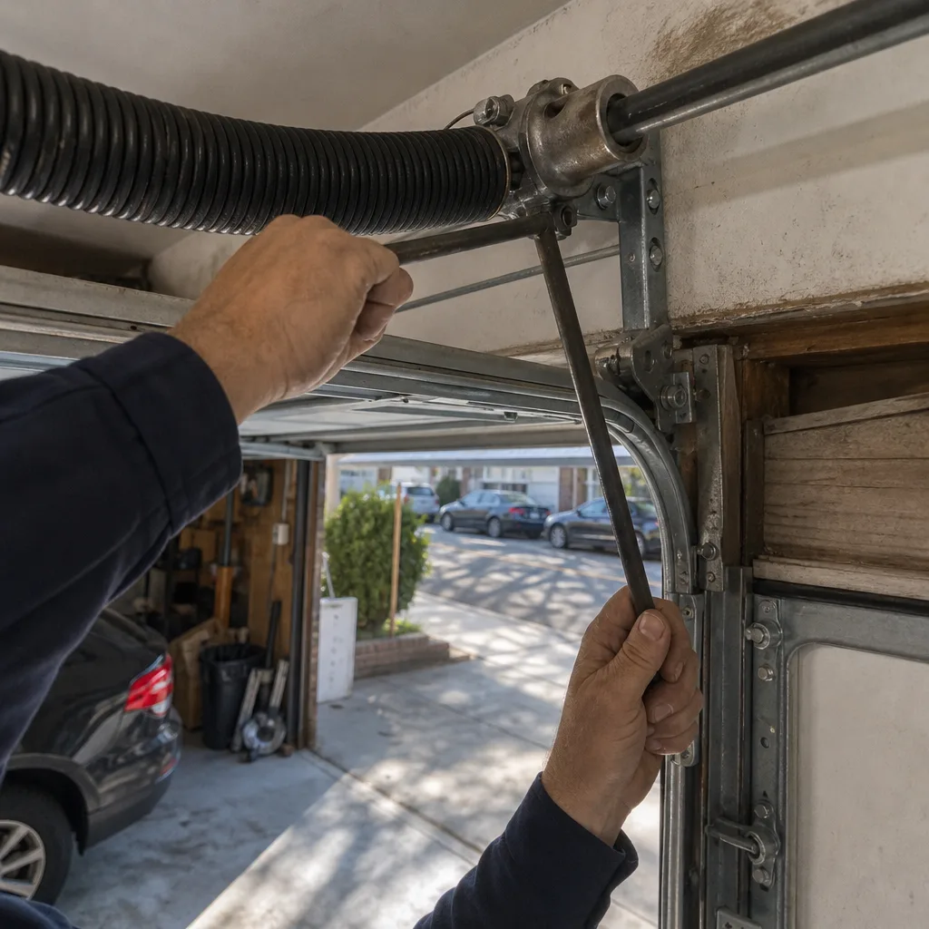 Technician using a winding bar for professional garage door spring repair