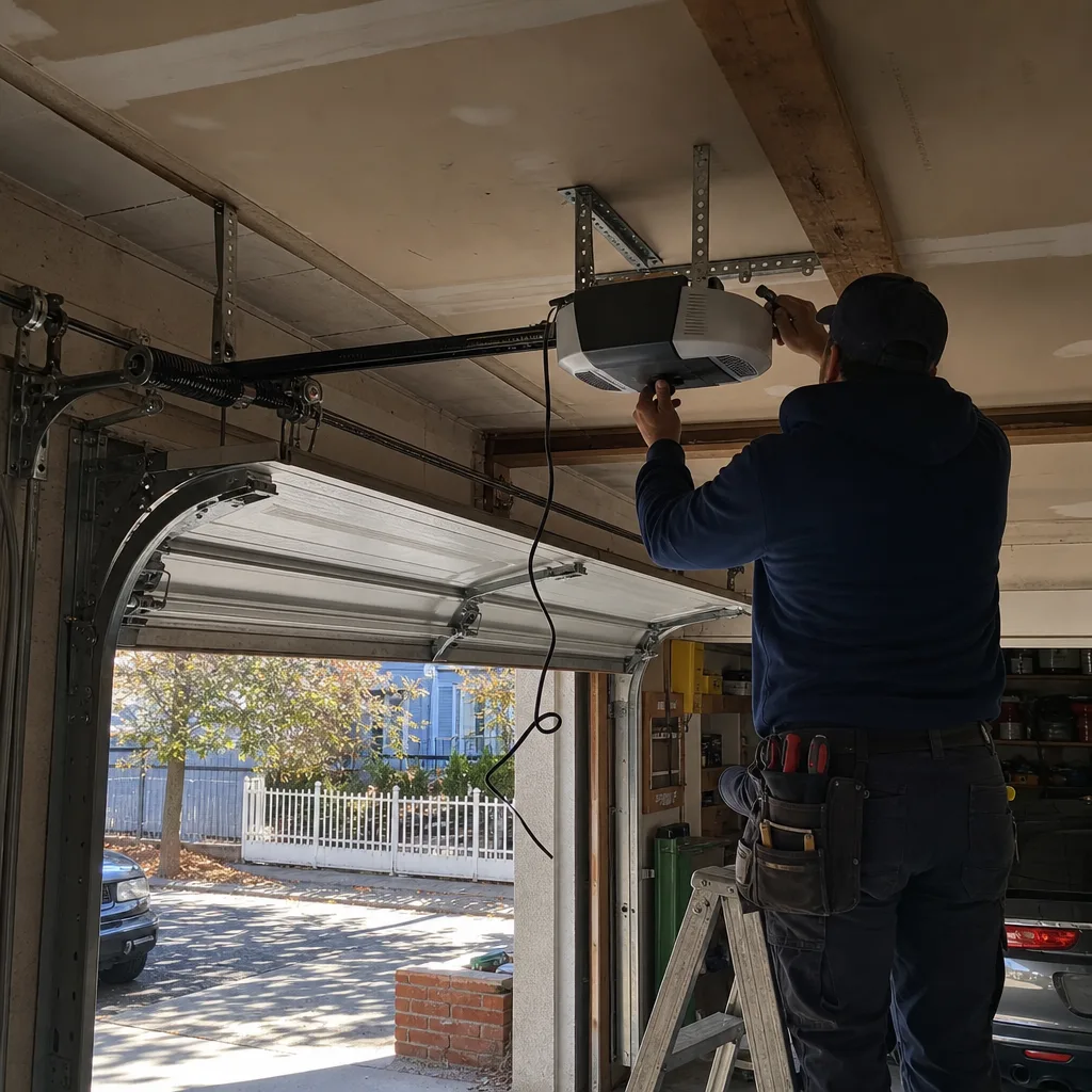 Technician performing professional garage door opener repair on a ladder in Brooklyn, NY